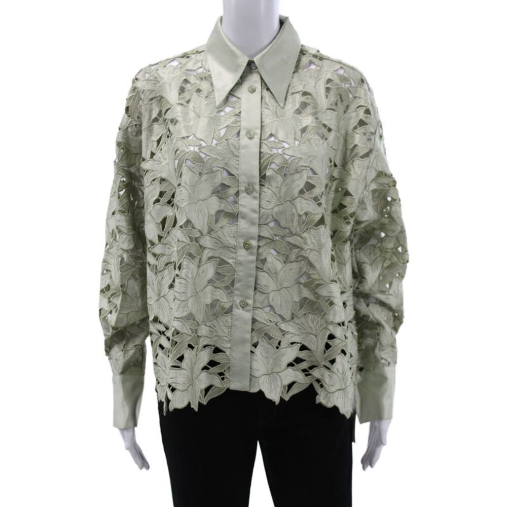 Rich Radi Q's Womens Button Up Blouse Green Floral Collared Long Sleeve Size S